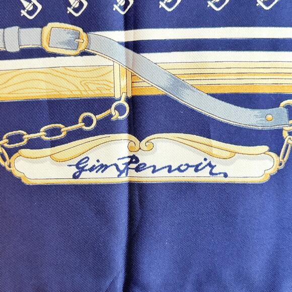 Gini Renoir silky scarf square navy blue gold buckles chain classic vintage - Picture 5 of 9
